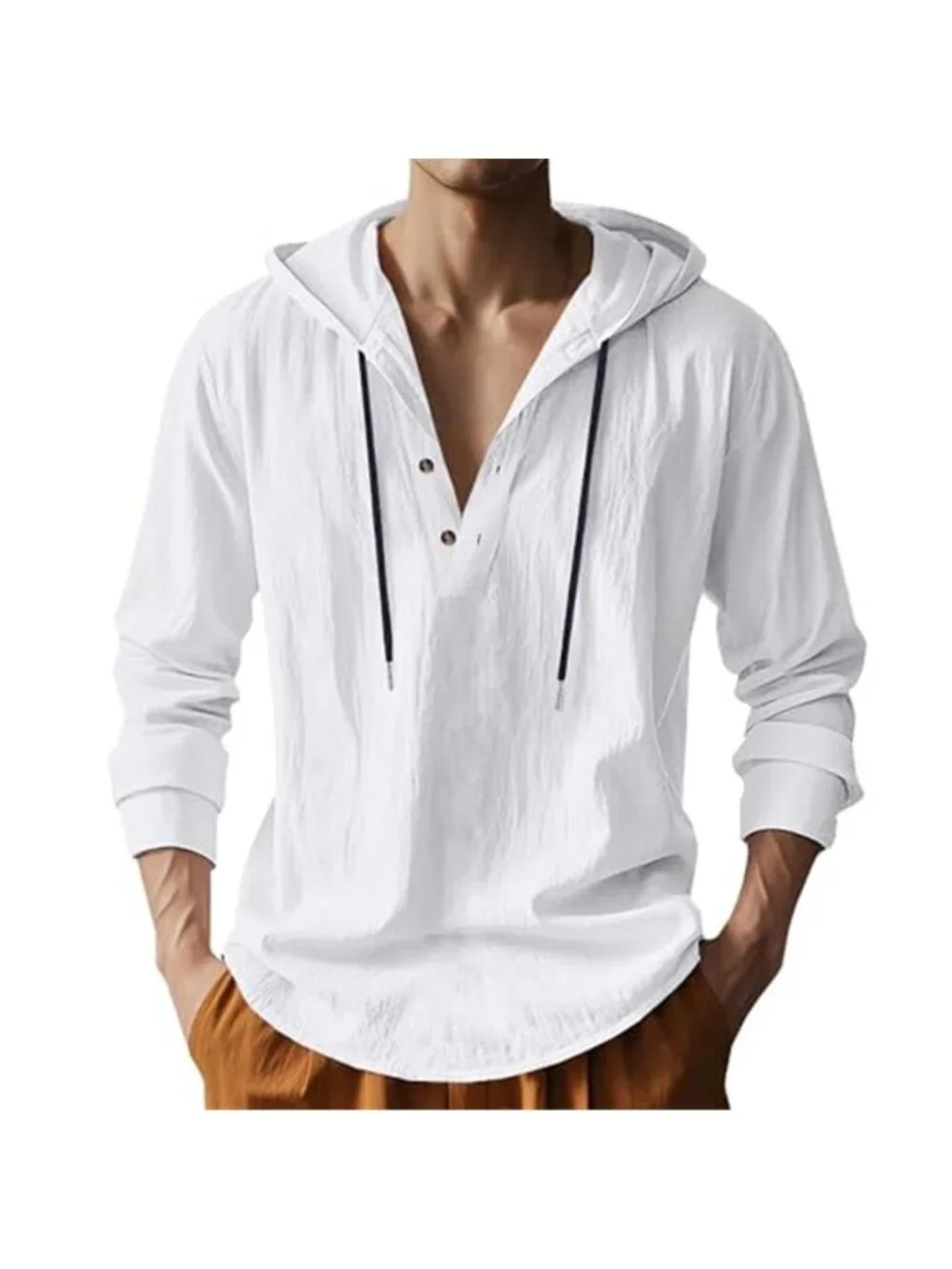 Men's Cotton Linen Hoodies Long Sleeve Button Down Shirts